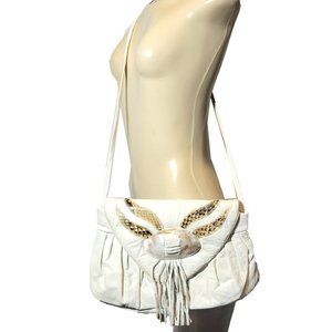 Vintage 1980's Genuine Leather Abalone Shell Pleated Fringe Shoulder bag